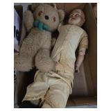 Bisque-Head Doll and Plush Teddy Bear