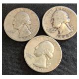 1948S, 1949D,  1950D Washington Silver Quarters
