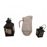 Glass Pitcher With Two Metal Lanterns