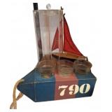 Wooden Boat Bar Set With Glasses and Model