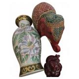 Decorative Vase, Painted Elephant, and Buddha