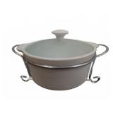 White Ceramic Covered Dish with Metal Stand