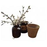 Lot: Glass Vase, Wicker Basket, Waste P