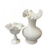 Fenton White Hobnail Glass 14" Vase and 6" Compote