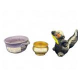Pottery and Brass Bowls with Skunk Figurine