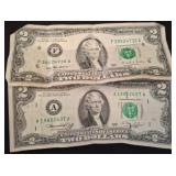 Two $2 Federal Reserve Notes, 1976 & 1995