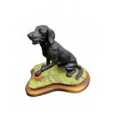Black Dog with Ball Sculpture on Wood Base