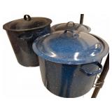 Three Blue Speckled Enamel Stock Pots