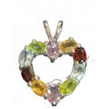 Marked 925 Sterling Silver Multicolor Gemstone Hea