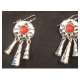 Silver Tone Dangle Earrings with Red Center