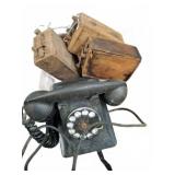 Rotary Telephone and Three Wooden Boxes