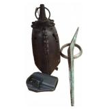 Decorative Iron Bell, Metal Tool, and Holster