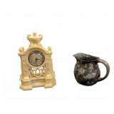 Resin Mantel Clock and Embossed Metal Pitcher