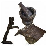 Stone Mortar, Bronze Figure, Petrified