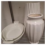 Le Creuset Oval Dishes and Two White Vases