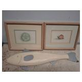 Framed Seashell Prints and Wood Fish Decor