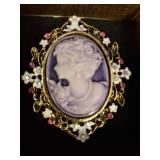 Purple Cameo Brooch With Floral Accents