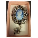 Blue Cameo Brooch With Black Stones