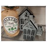 Galvanized Halloween Houses and Burlap Tree