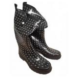 Black Polka Dot Rubber Rain Boots, Size 8