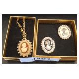 Cameo Style Jewelry Set, Necklace and Pins