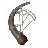 Decorative Brass Powder Horn with Coin Chains
