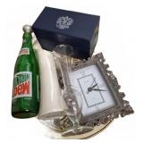 Decor Lot: Bulova Clock, Art Plate, Glassware