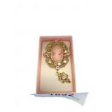 Gold Tone Pink Rhinestone Cameo Brooch