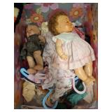 Box Lot of Two Dolls and Doll Clothing