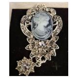 Silvertone Cameo Brooch With Rhinestones