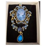 Blue Cameo Brooch with Gold Tone Setting