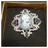 Cameo Brooch With Blue Gems and Crystals