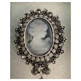 Silvertone Cameo Brooch with Black Stones