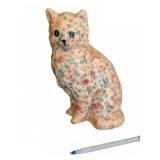 Floral Ceramic Cat Figure Signed Base