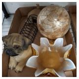 Home Decor Lot: Dog Figurine, Glass Dish, Orb