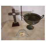 Decorative Cross, Glass Clock, and Metal Urn