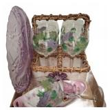 Decorative Wine Glasses and Floral Plates Set