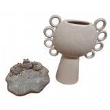 Stoneware Vase and Frog Lily Pad Dish