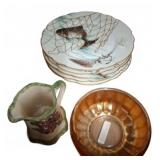Lot: Plates, Glass Bowl, and Pitcher