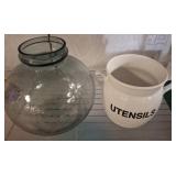 Glass Vase and White Utensil Crock