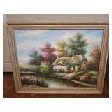 Framed Cottage Landscape Oil Painting, 56x44