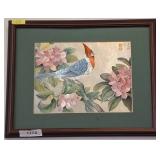 Framed Asian Bird and Flower Painting, 18x14