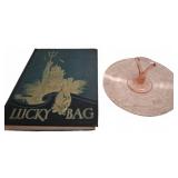1944 Lucky Bag Yearbook and Pink Glass Tray