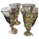 4 Hand-Painted Grape Wine Glasses