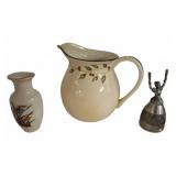 Ceramic Vase, Floral Pitcher, and Pewter Bell