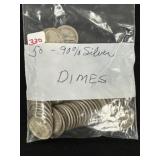 50 U.S. 90% Silver Dimes - Pre 1964