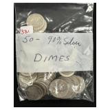 50 U.S. 90% Silver Dimes - Pre 1964