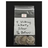 4 Walking Liberty Silver Half Dollars