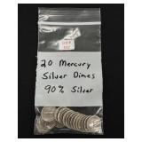 20 Mercury Silver Dimes - 90% Silver