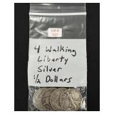 4 Walking Liberty Silver Half Dollars